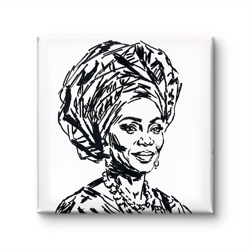 Papa Diouf Original Painting Woman Portrait Abstract Black White 12x12 New